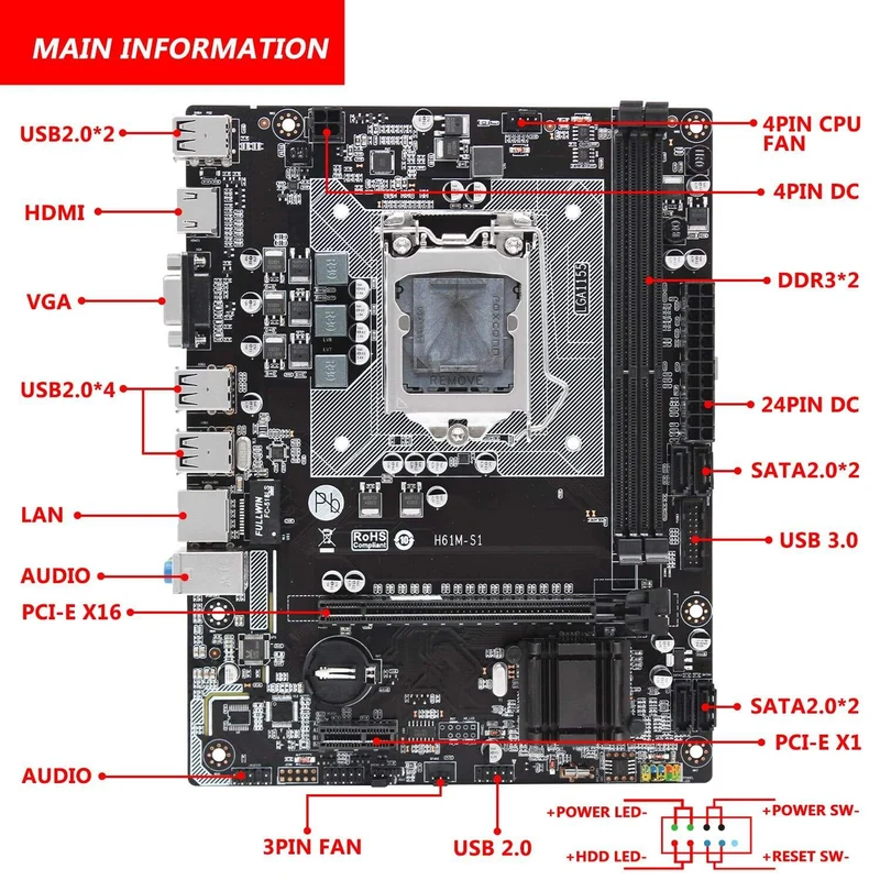 H61-Motherboard LGA 1155 unterstützt DDR3 16G Desktop-RAM-Speicher Intel CORE i3/i5/i7 LGA1155-Prozessor USB2.0 Micro-ATX H61M-S1