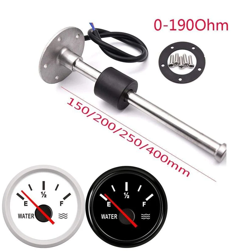 52 mm Messgerät, Wasserstandsanzeige, rotes Licht, 0–190 Ohm, Wassertank-Füllstandsanzeige, Messgerät mit Kraftstoffstandsensor, 150 mm, 200 mm, 250 mm, 400 mm