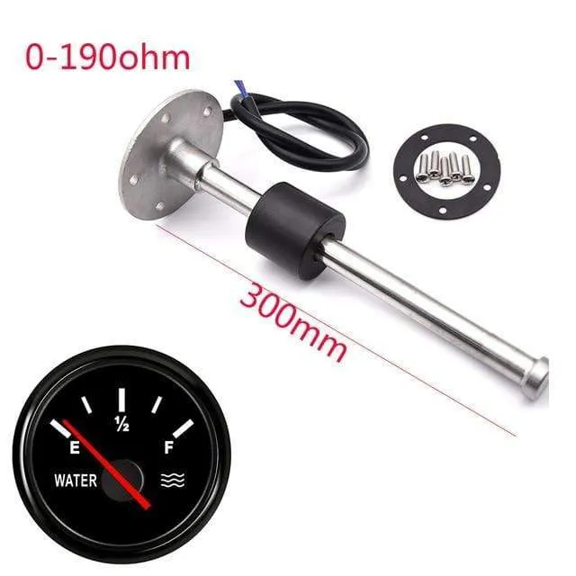 52 mm Messgerät, Wasserstandsanzeige, rotes Licht, 0–190 Ohm, Wassertank-Füllstandsanzeige, Messgerät mit Kraftstoffstandsensor, 150 mm, 200 mm, 250 mm, 400 mm