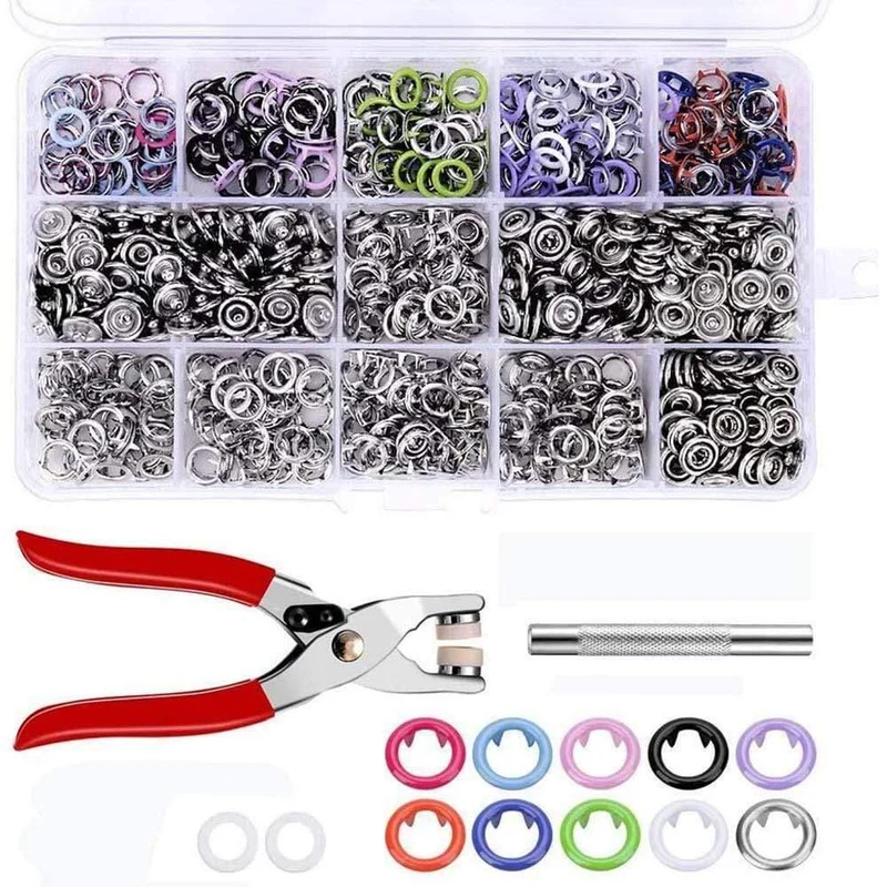 9.5 mm 100/150/200 Sätze 10 Farben Metallnähknöpfe Zinkenring Druckknöpfe Druckknöpfe + Clipzangen, Befestigungselemente für Kleidung