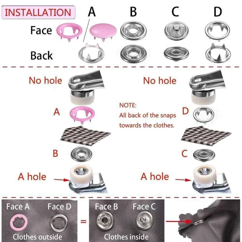 9.5 mm 100/150/200 Sätze 10 Farben Metallnähknöpfe Zinkenring Druckknöpfe Druckknöpfe + Clipzangen, Befestigungselemente für Kleidung