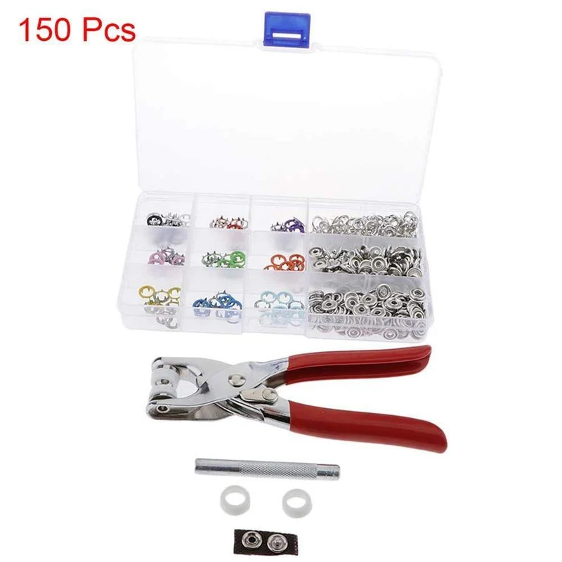 9.5 mm 100/150/200 Sätze 10 Farben Metallnähknöpfe Zinkenring Druckknöpfe Druckknöpfe + Clipzangen, Befestigungselemente für Kleidung