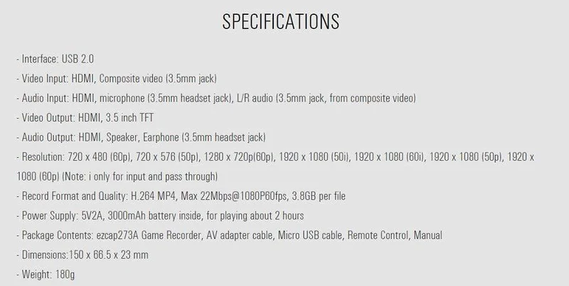 Ezcap 273 HD 1080P Videoaufnahme 3.5-Zoll-TFT Eingebauter Akku und Lautsprecher 1080P 60fps Full-HD-Aufnahme