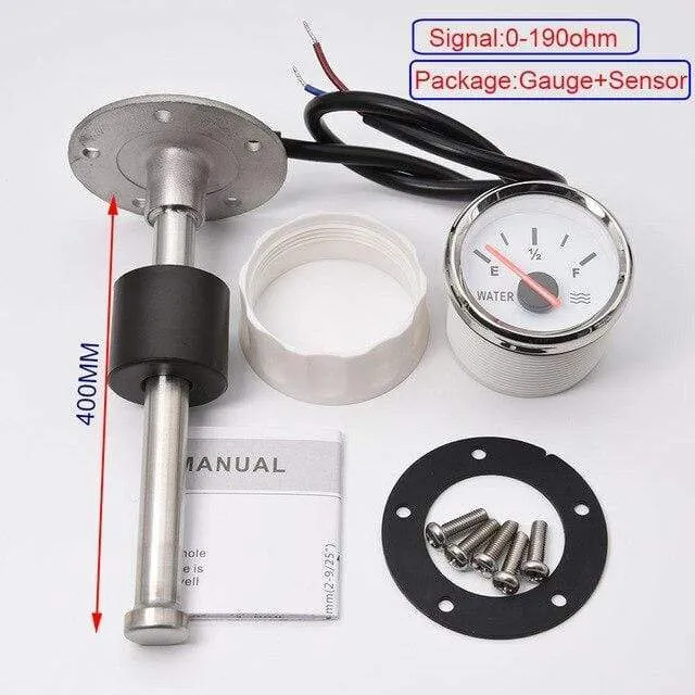 Bootswagen 52MM Wasserstandsanzeiger 0-190 Ohm Rote Hintergrundbeleuchtung Marine Water Tank Füllstandsanzeige Wasserstandsensor 100-550MM