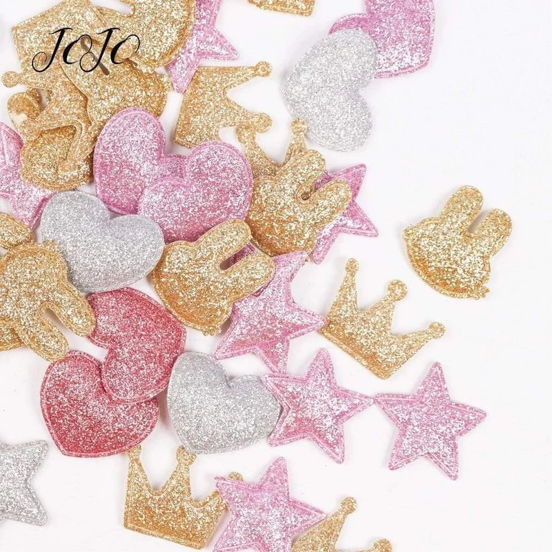 100pcs Glitter Patches Glänzende feste Krone Herz Stern Kaninchen Zubehör für Kleidung Nähmaterialien Kleidungsstück Dekoration