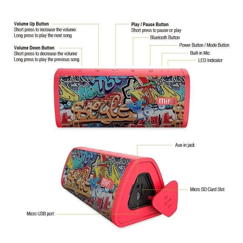 MIFA Red-Graffiti Bluetooth-Lautsprecher, integriertes Mikrofon, Stereo-Rock-Sound, 10 W, tragbarer kabelloser Lautsprecher für den Außenbereich, unterstützt TF-Karte