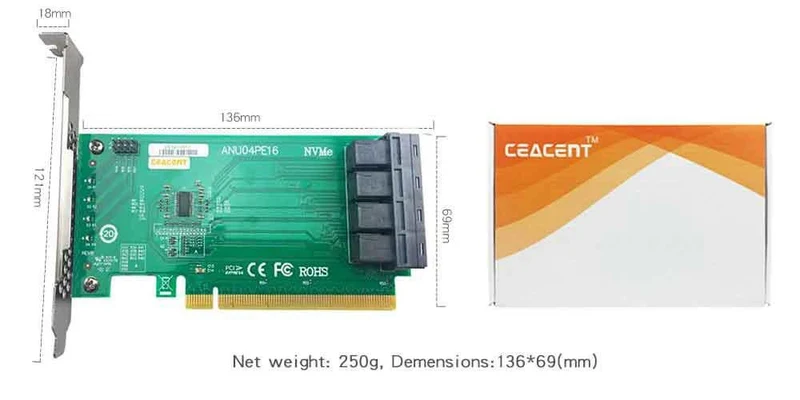 ANU04PE16 NVMe-Controller SFF8643-SFF8639 4-Port PCIe3.0 X16 SSD Exp Riser (nicht mit Kabeln, unterstützt nicht LSI 8643*2 bis 8639*2 ）