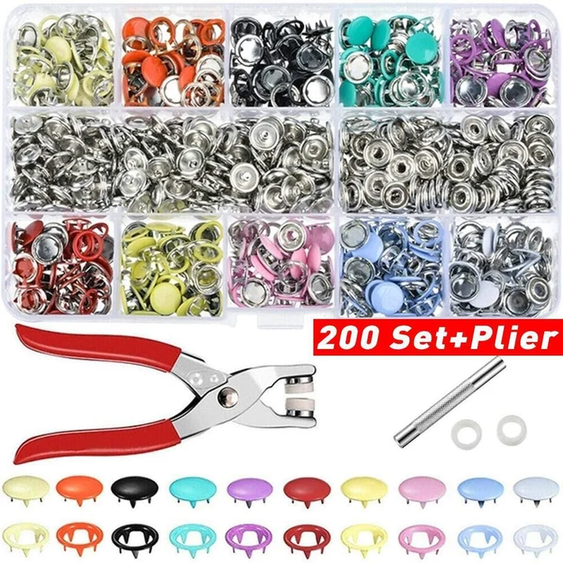 9.5/10mm 100/200Sets Metall Kleidung Nähen Knöpfe Zinken Ring Druckknöpfe Druckknöpfe + Clip Zange nähen zubehör DIY
