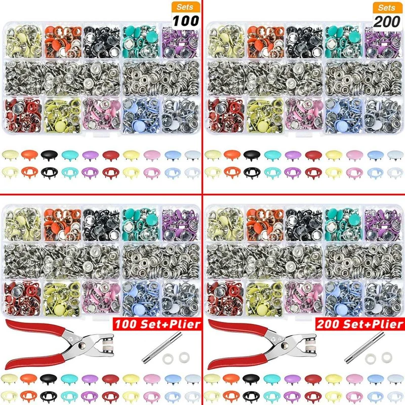 9.5/10mm 100/200Sets Metall Kleidung Nähen Knöpfe Zinken Ring Druckknöpfe Druckknöpfe + Clip Zange nähen zubehör DIY