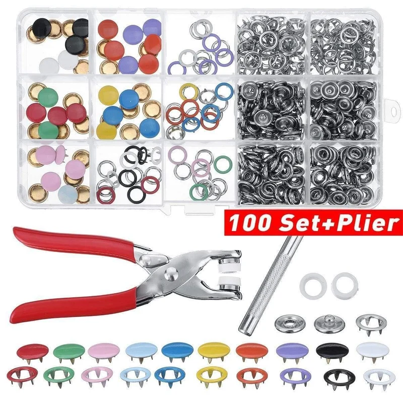 9.5/10mm 100/200Sets Metall Kleidung Nähen Knöpfe Zinken Ring Druckknöpfe Druckknöpfe + Clip Zange nähen zubehör DIY