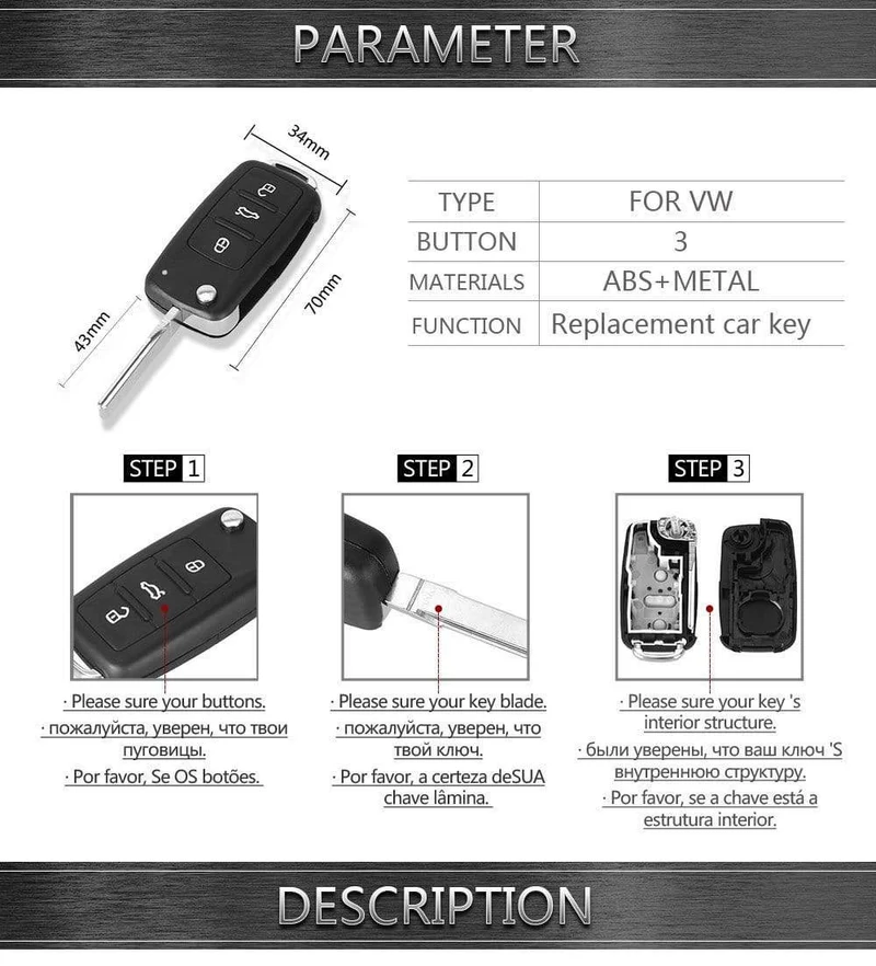 3 Tasten für VW Volkswagen Tiguan Golf Sagitar Polo MK6 Flip Fob Remote Folding Key Shell Uncut Blade
