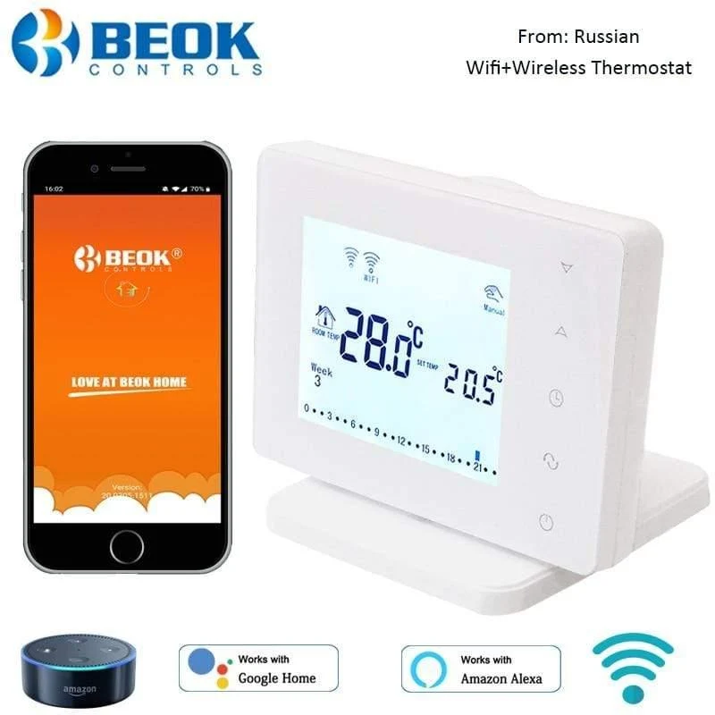 Beok WiFi & RF Wireless Thermostat für die Heizung von Gaskesselräumen Smart Remote Temperature Controller funktioniert mit Google Home Alexa (BOT306RF-WIFI 220V-240V)