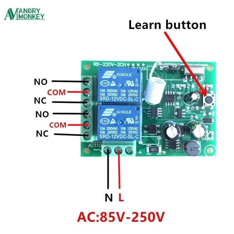 433 MHz Universal Wireless-Fernbedienungsschalter AC 250 V 110 V 220 V 2-Kanal-Relaisempfängermodul und 5-teilige RF 433-MHz-Fernbedienungen