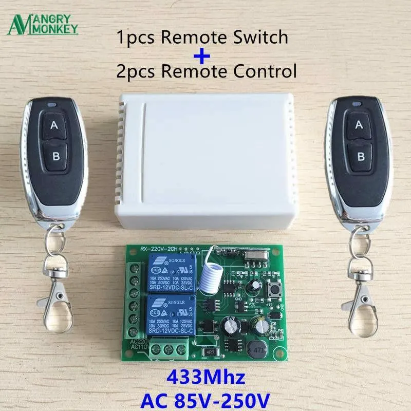 433 MHz Universal Wireless-Fernbedienungsschalter AC 250 V 110 V 220 V 2-Kanal-Relaisempfängermodul und 5-teilige RF 433-MHz-Fernbedienungen