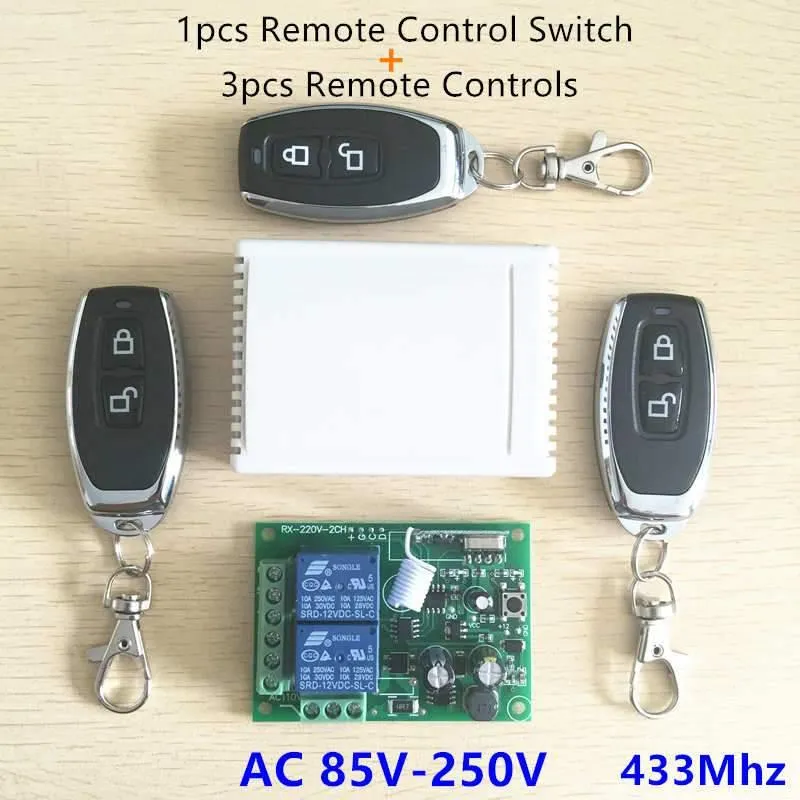 433 MHz Universal Wireless-Fernbedienungsschalter AC 250 V 110 V 220 V 2-Kanal-Relaisempfängermodul und 5-teilige RF 433-MHz-Fernbedienungen