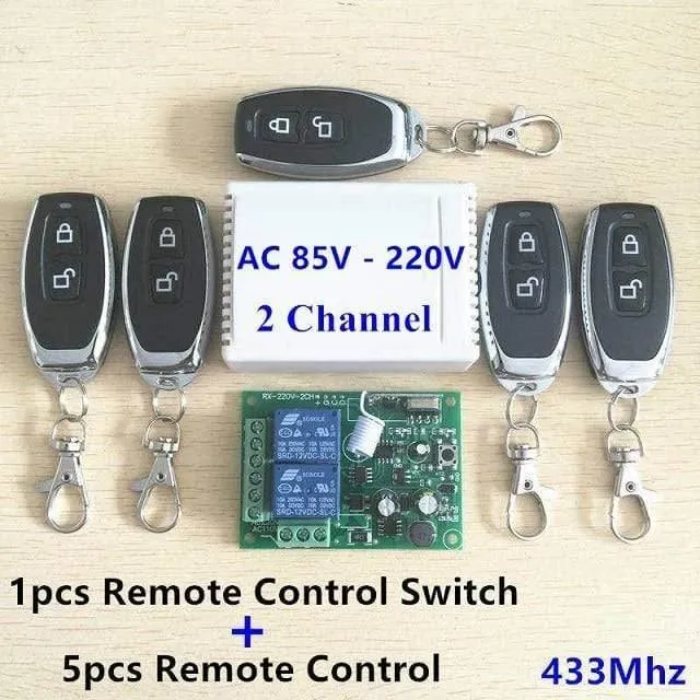 433 MHz Universal Wireless-Fernbedienungsschalter AC 250 V 110 V 220 V 2-Kanal-Relaisempfängermodul und 5-teilige RF 433-MHz-Fernbedienungen