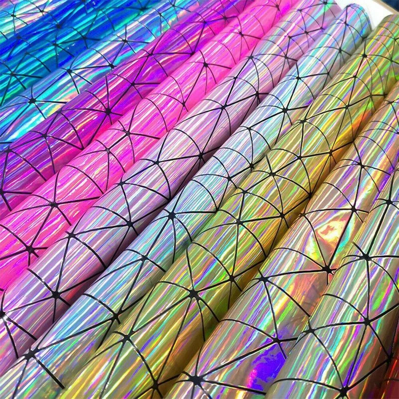 Laser-irisierendes geometrisches PU-Kunstledergewebe, synthetisches Material für Taschen, Schleifen, Bastelarbeiten, DIY-Schmuck, Kleidung, Nähmaterial