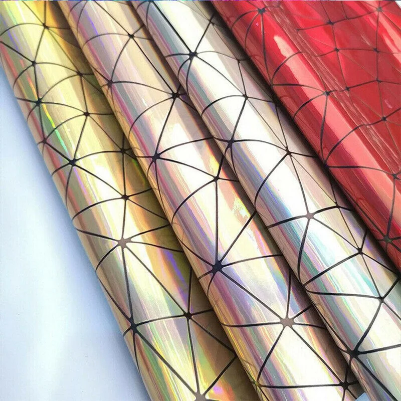 Laser-irisierendes geometrisches PU-Kunstledergewebe, synthetisches Material für Taschen, Schleifen, Bastelarbeiten, DIY-Schmuck, Kleidung, Nähmaterial