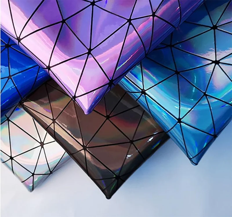 Laser-irisierendes geometrisches PU-Kunstledergewebe, synthetisches Material für Taschen, Schleifen, Bastelarbeiten, DIY-Schmuck, Kleidung, Nähmaterial