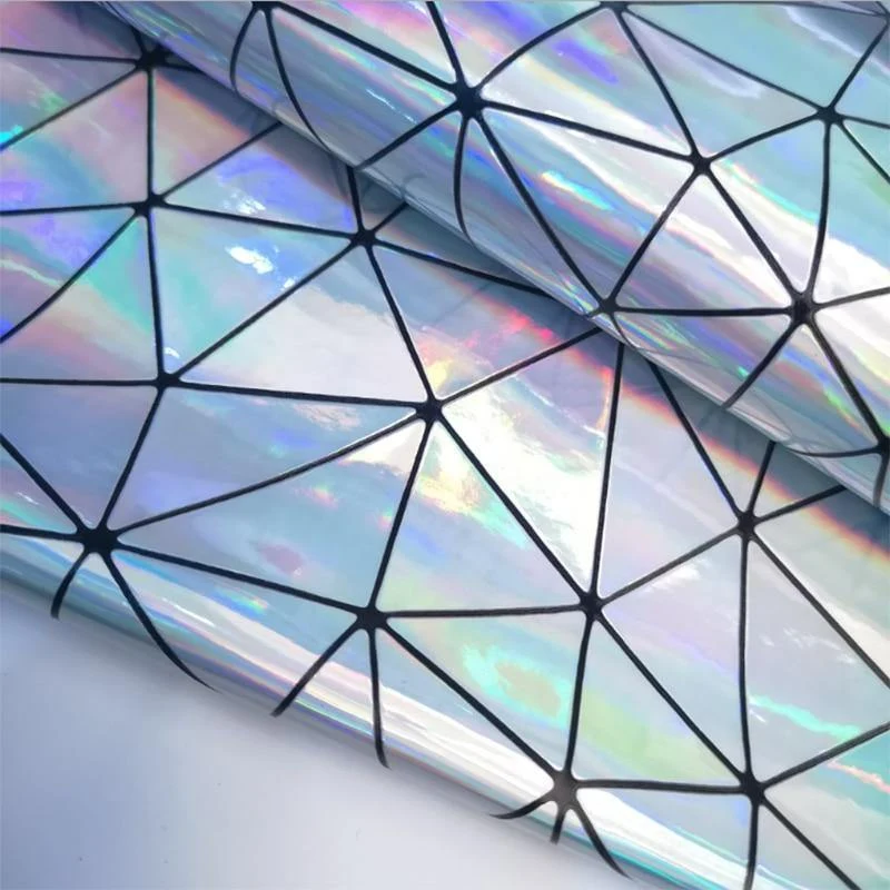 Laser-irisierendes geometrisches PU-Kunstledergewebe, synthetisches Material für Taschen, Schleifen, Bastelarbeiten, DIY-Schmuck, Kleidung, Nähmaterial