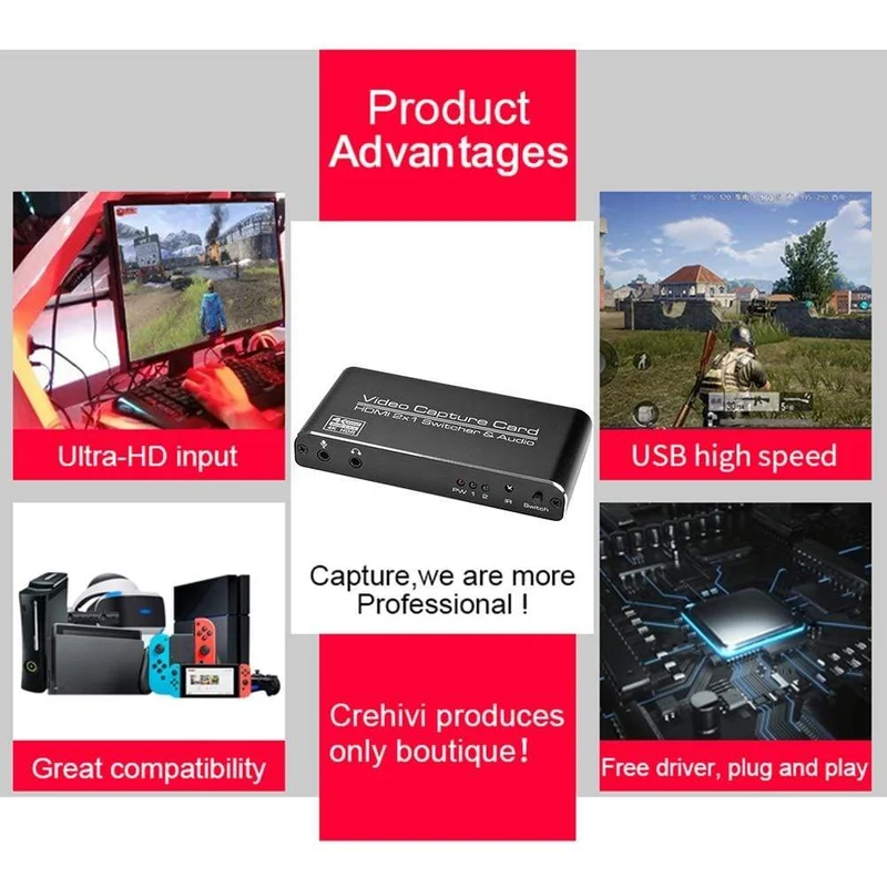 HDMI-kompatibel mit USB3.0 Video Capture Card 4K 60Hz 2x1 Dongle Leichte Spielelemente für Live-Streaming