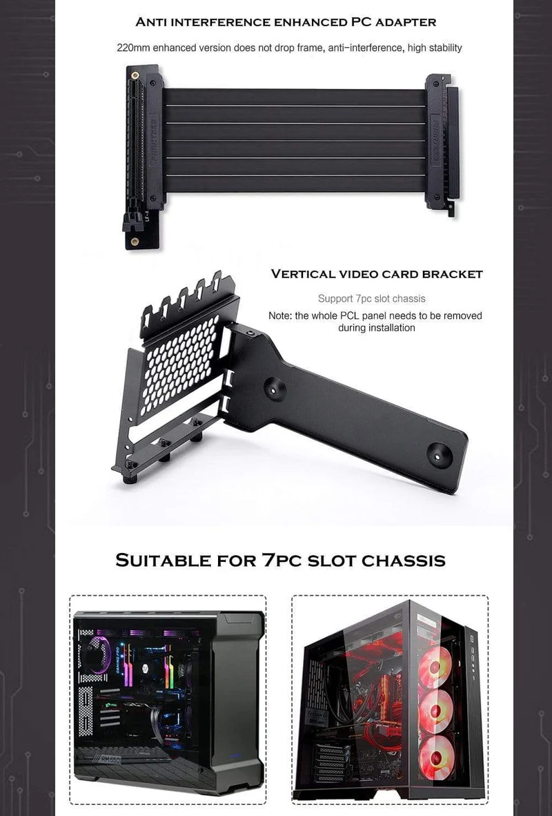 Grafikkarte Vertical Support GPU Bracket Kit, 7 PCI-Steckplätze für 7 PCI PC-Gehäuse. Halter + PCI-E 16 Verlängerungs-Steigkabel