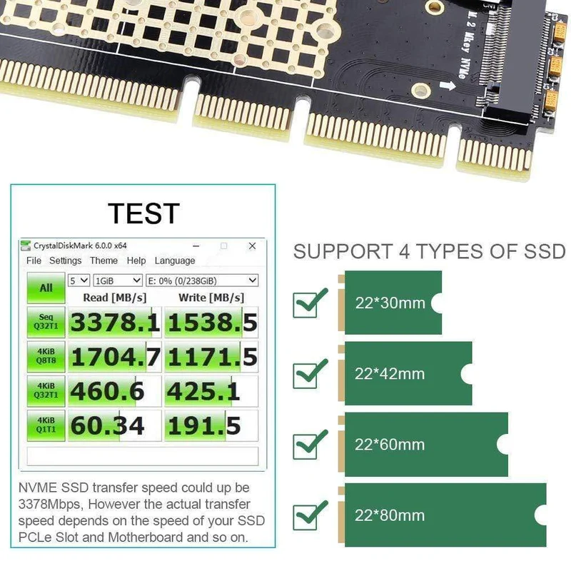 M.2 NVMe-Adapter SSD auf PCIe-Karte M2 Key M-Treiber mit Silikon-Kühlpad Festplattenadapter-Unterstützung PCIe x4x8x16-Steckplatz