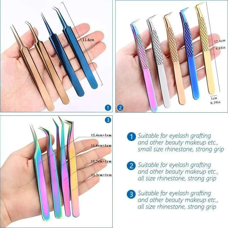 Hochwertige Edelstahlpinzette Regenbogenfarbe Straight Bend ESD Multifunktions-Wimpernpinzette zum Nähen von Nägeln DIY