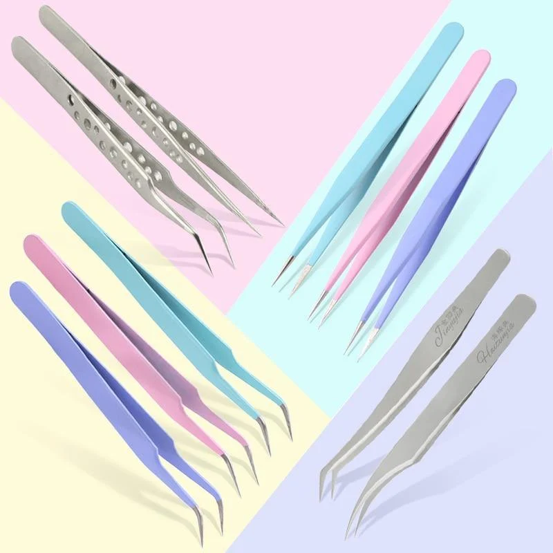 Hochwertige Edelstahlpinzette Regenbogenfarbe Straight Bend ESD Multifunktions-Wimpernpinzette zum Nähen von Nägeln DIY