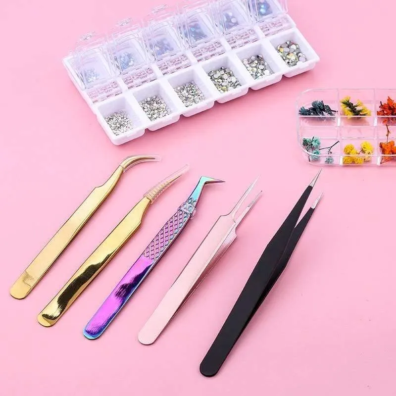 Hochwertige Edelstahlpinzette Regenbogenfarbe Straight Bend ESD Multifunktions-Wimpernpinzette zum Nähen von Nägeln DIY