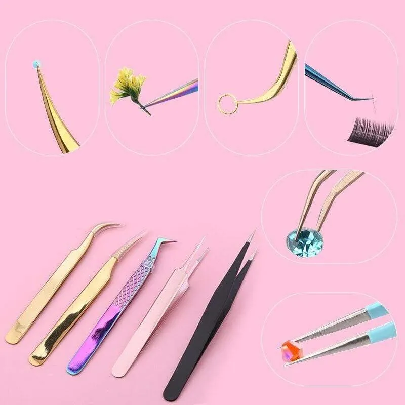 Hochwertige Edelstahlpinzette Regenbogenfarbe Straight Bend ESD Multifunktions-Wimpernpinzette zum Nähen von Nägeln DIY