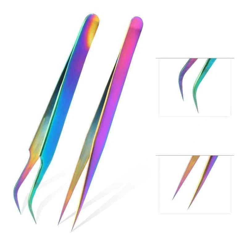 Hochwertige Edelstahlpinzette Regenbogenfarbe Straight Bend ESD Multifunktions-Wimpernpinzette zum Nähen von Nägeln DIY