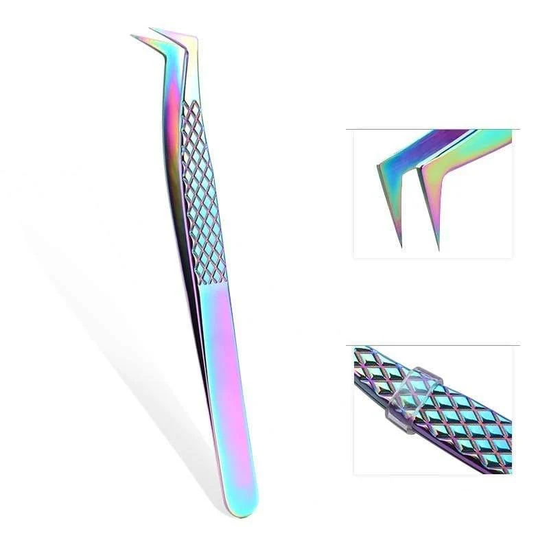 Hochwertige Edelstahlpinzette Regenbogenfarbe Straight Bend ESD Multifunktions-Wimpernpinzette zum Nähen von Nägeln DIY