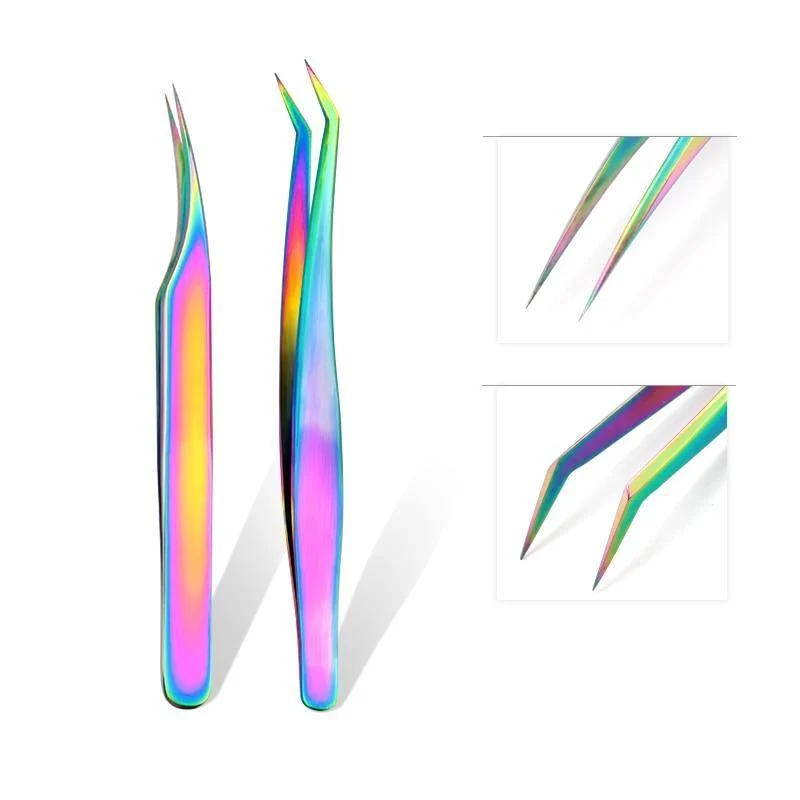 Hochwertige Edelstahlpinzette Regenbogenfarbe Straight Bend ESD Multifunktions-Wimpernpinzette zum Nähen von Nägeln DIY