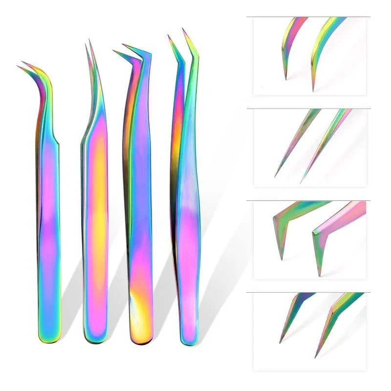 Hochwertige Edelstahlpinzette Regenbogenfarbe Straight Bend ESD Multifunktions-Wimpernpinzette zum Nähen von Nägeln DIY
