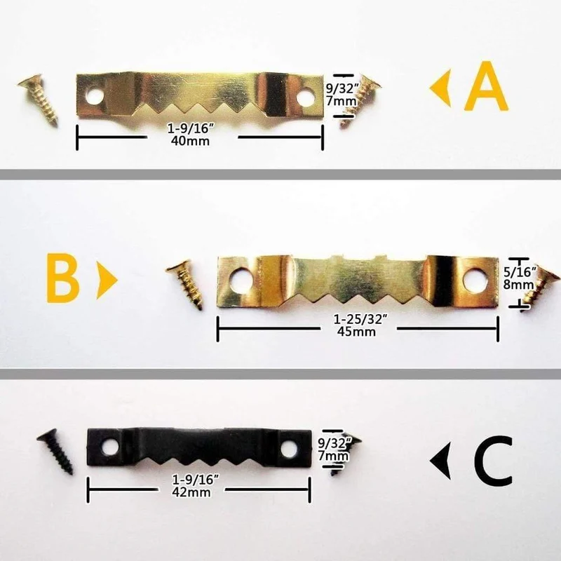 50 Stück goldene Sägezahn-Sägezahn-Aufhängung für Bilder, Fotos, Ölgemälde, Spiegel, Rahmen, Aufhänger, Haken, Möbelzubehör + Schraube A, 7 x 40 mm