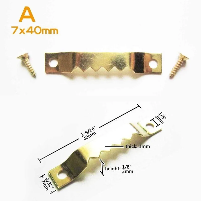 50 Stück goldene Sägezahn-Sägezahn-Aufhängung für Bilder, Fotos, Ölgemälde, Spiegel, Rahmen, Aufhänger, Haken, Möbelzubehör + Schraube A, 7 x 40 mm