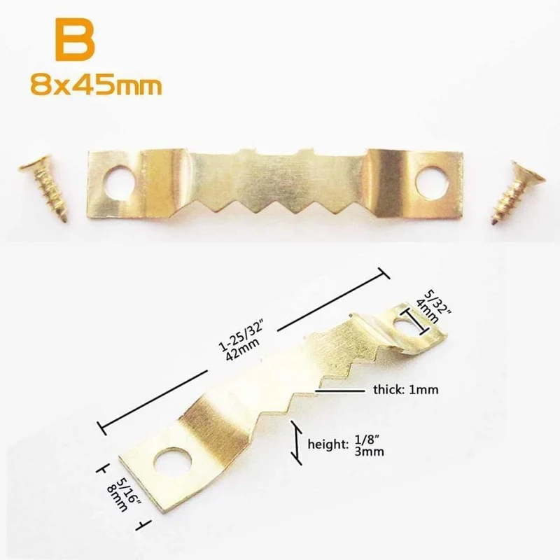 50 Stück goldene Sägezahn-Sägezahn-Aufhängung für Bilder, Fotos, Ölgemälde, Spiegel, Rahmen, Aufhänger, Haken, Möbelzubehör + Schraube A, 7 x 40 mm