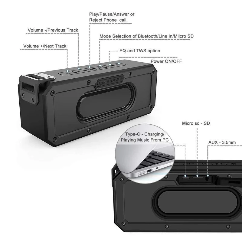 40 W tragbarer drahtloser Lautsprecher Bluetooth Soundbar Subwoofer mit tiefem Bass TWS Typ C IPX7 wasserdicht 15 Stunden BT4.2 (schwarz)