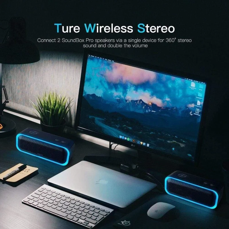 SoundBox Pro TWS Kabelloser Bluetooth-Lautsprecher, 2 x 10 Treiber mit blinkendem LED-Licht, verbesserter Bass-Stereo-Sound, IPX5 wasserdicht