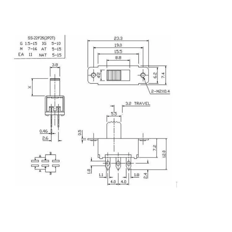 10PCS Kippschalter 2 Position 6 Stifte mit festem Lochgriff Hoch 5 mm DPDT 2P2T Schalttafelschalter 125VAC