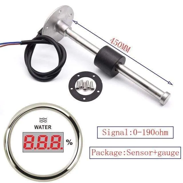 Digitales 0-190 Ohm Wasserstandsmessgerät 52 mm Wassertank-Füllstandsanzeige mit Wasserstandssensor-Sendeeinheit für Yacht 100–500 mm