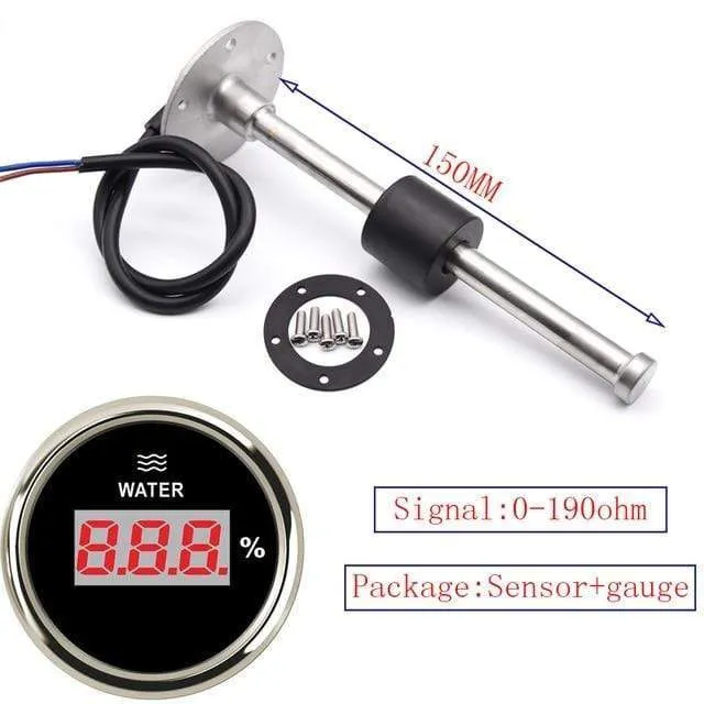 Digitales 0-190 Ohm Wasserstandsmessgerät 52 mm Wassertank-Füllstandsanzeige mit Wasserstandssensor-Sendeeinheit für Yacht 100–500 mm
