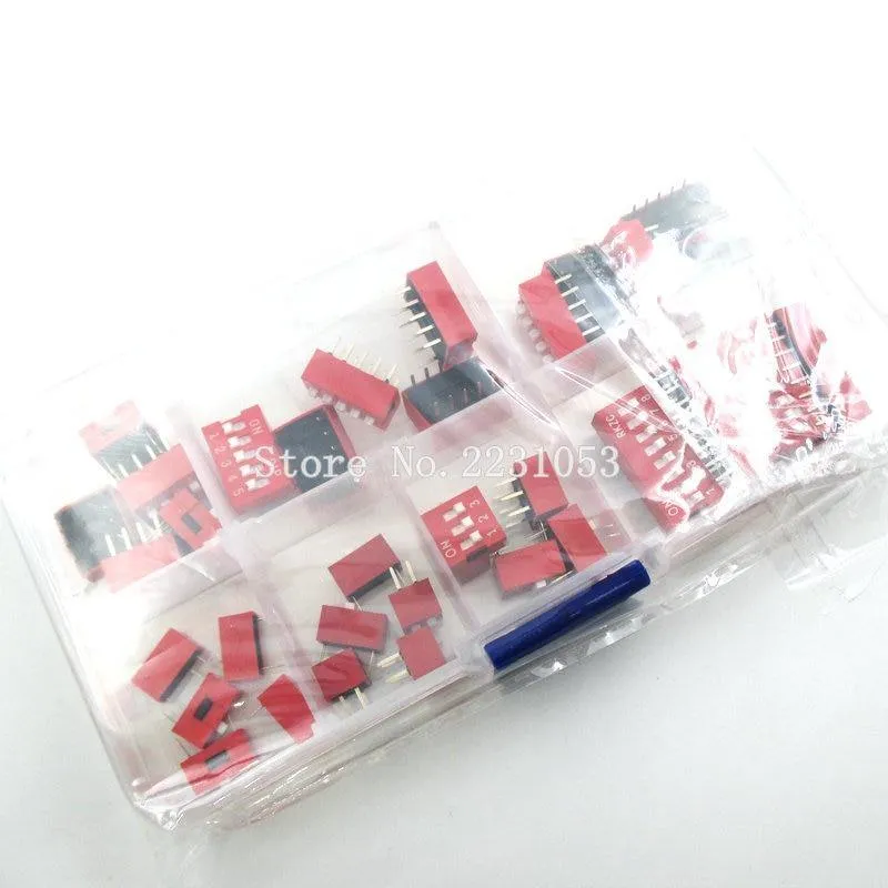 35PCS / LOT Dip-Schalter-Kit In Box 1 2 3 4 5 6 8-Wege-2.54-mm-Kippschalter Red Snap Switches Mixed Kit Jedes 5PCS-Kombinationsset