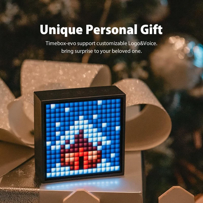 Timebox Evo Bluetooth tragbarer Lautsprecher mit programmierbarem LED-Display für Uhrzeitalarm für Pixel Art Creation Einzigartiges Geschenk