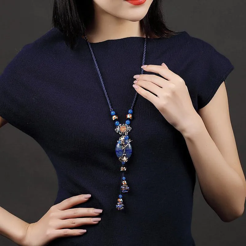 Klassischer neuer Lapis-Stein-Schmuck für Damen, lange Halskette mit Anhänger, Vintage-Stil, Kleidungsaccessoires, handgefertigte Halsketten, Schmuck