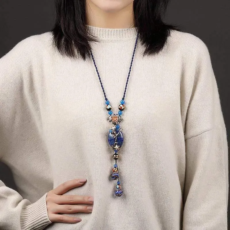 Klassischer neuer Lapis-Stein-Schmuck für Damen, lange Halskette mit Anhänger, Vintage-Stil, Kleidungsaccessoires, handgefertigte Halsketten, Schmuck
