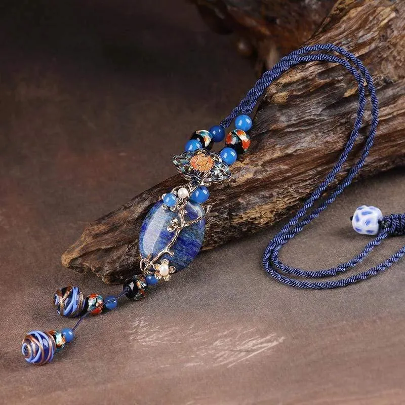 Klassischer neuer Lapis-Stein-Schmuck für Damen, lange Halskette mit Anhänger, Vintage-Stil, Kleidungsaccessoires, handgefertigte Halsketten, Schmuck