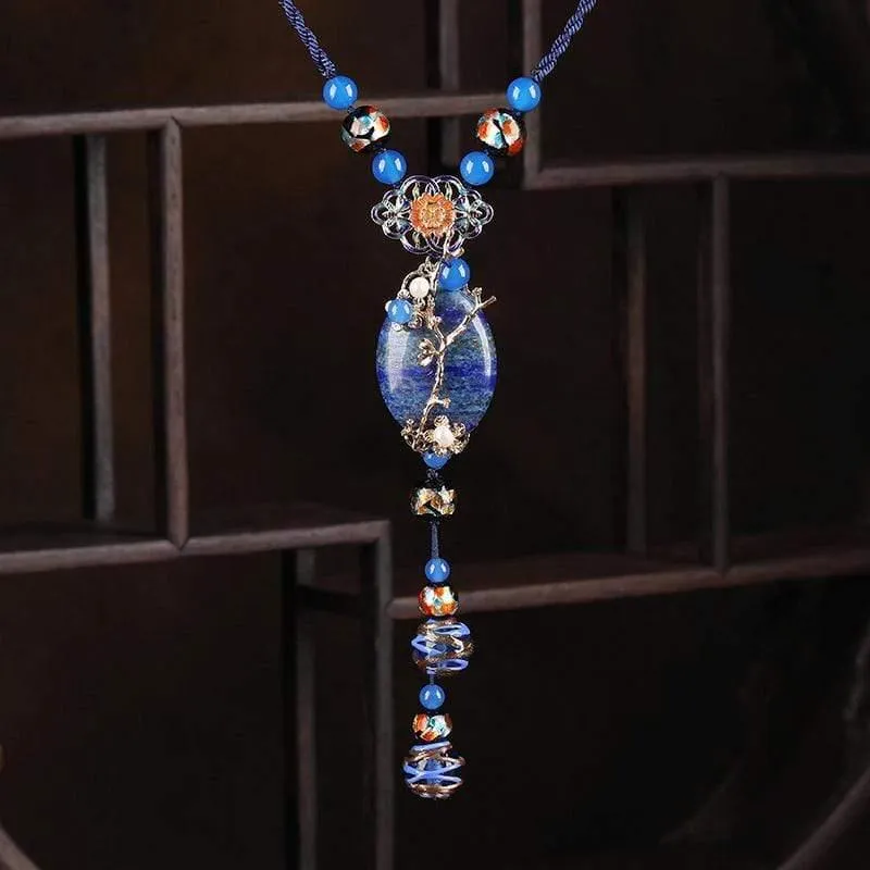Klassischer neuer Lapis-Stein-Schmuck für Damen, lange Halskette mit Anhänger, Vintage-Stil, Kleidungsaccessoires, handgefertigte Halsketten, Schmuck