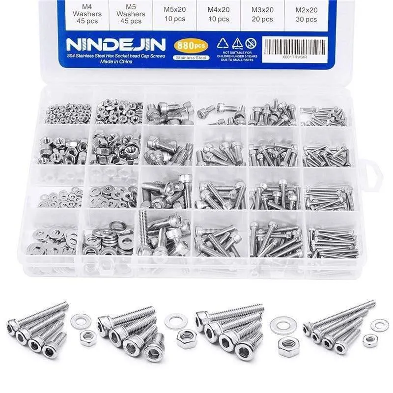 880Pcs M2 M3 M4 M5 Sechskant-Innensechskant-Schraubsatz Edelstahl Flache Rundkopfschraube Satz Schrauben und Muttern Inbusschraubensatz